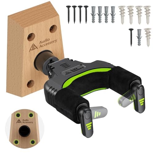 AA AUDIO ACCESSORY Guitar Wall Mount Autolock - Nitro Friendly Velvet Hook - (Heavy-Duty Design) 4-Screw Wood Base of Over 20lbs Load Guitar Wall Hanger for Bass, Acoustic, Classical, Electric Guitar