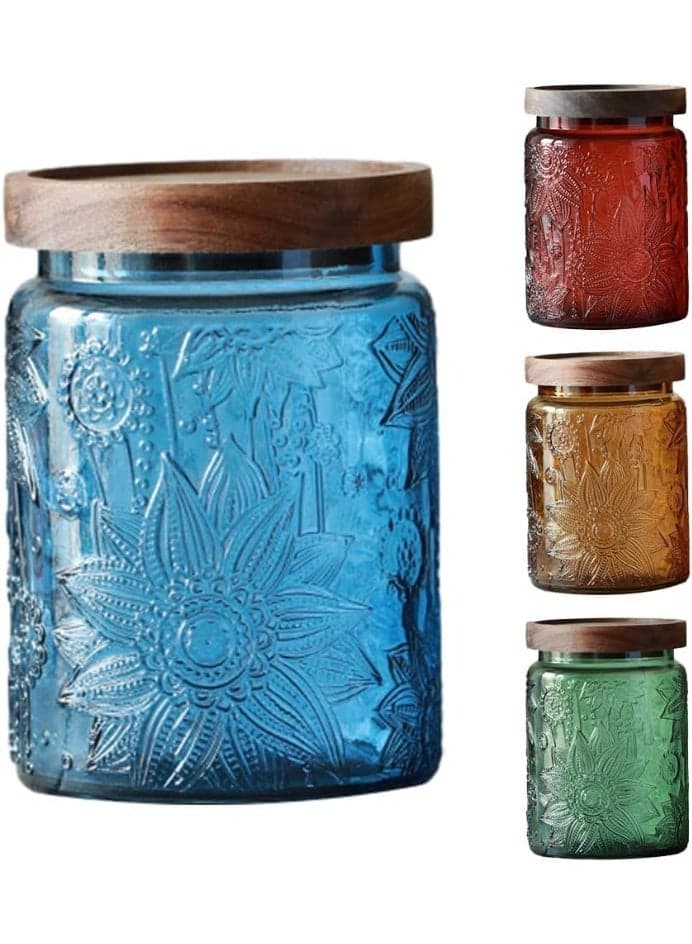 Vintage Glass Jar, Sunflower Storage Jar, 23.7 FL OZ Glass Jar with Solid Wood Lid, Glass Food Storage Canister for Kitchen, Laundry Detergent, Coffee, Candy Jar Cute Jar (Blue)