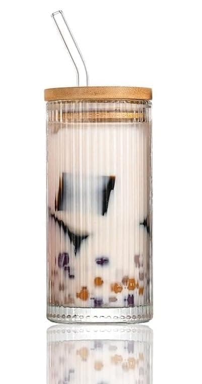 ZEYFLEEB Reusable Glass Coffee Tumbler with Bamboo Lid and Straw Pack of 2 400ml Multipurpose Drinking Glasses Travel Sipper for Juice Water Smoothies Cocktail Mugs