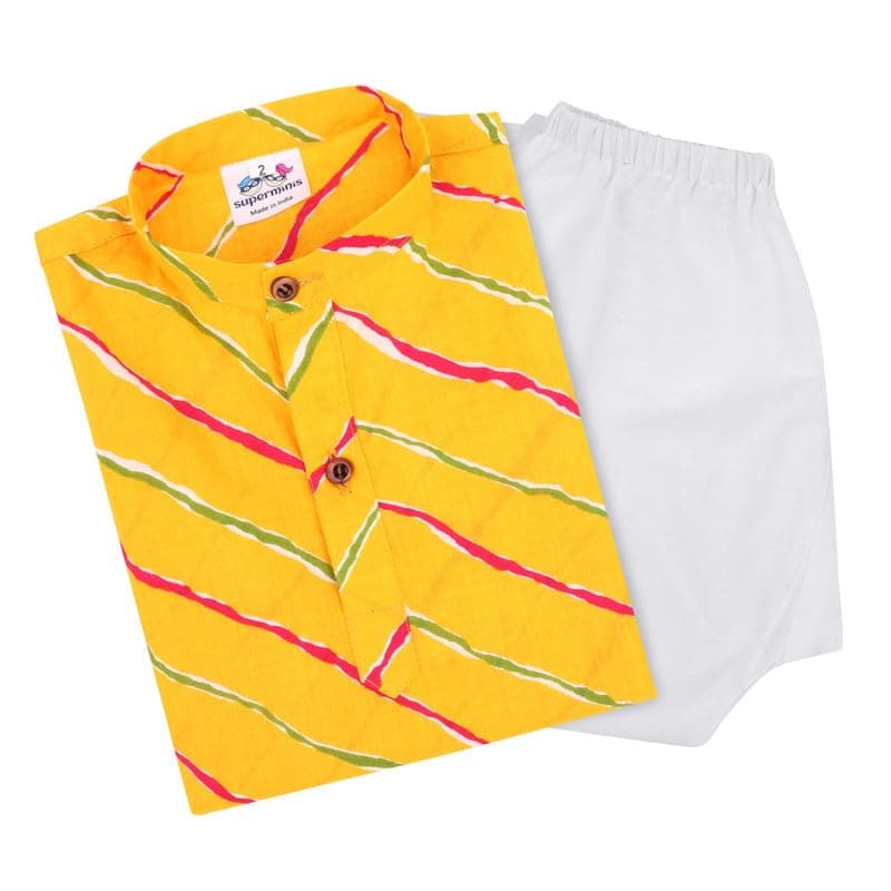 superminis Cotton Boys Sanganeri Lehariya Printed Kurta Set with White Pyjama Elastic Closure (3-4 Years, Yellow)