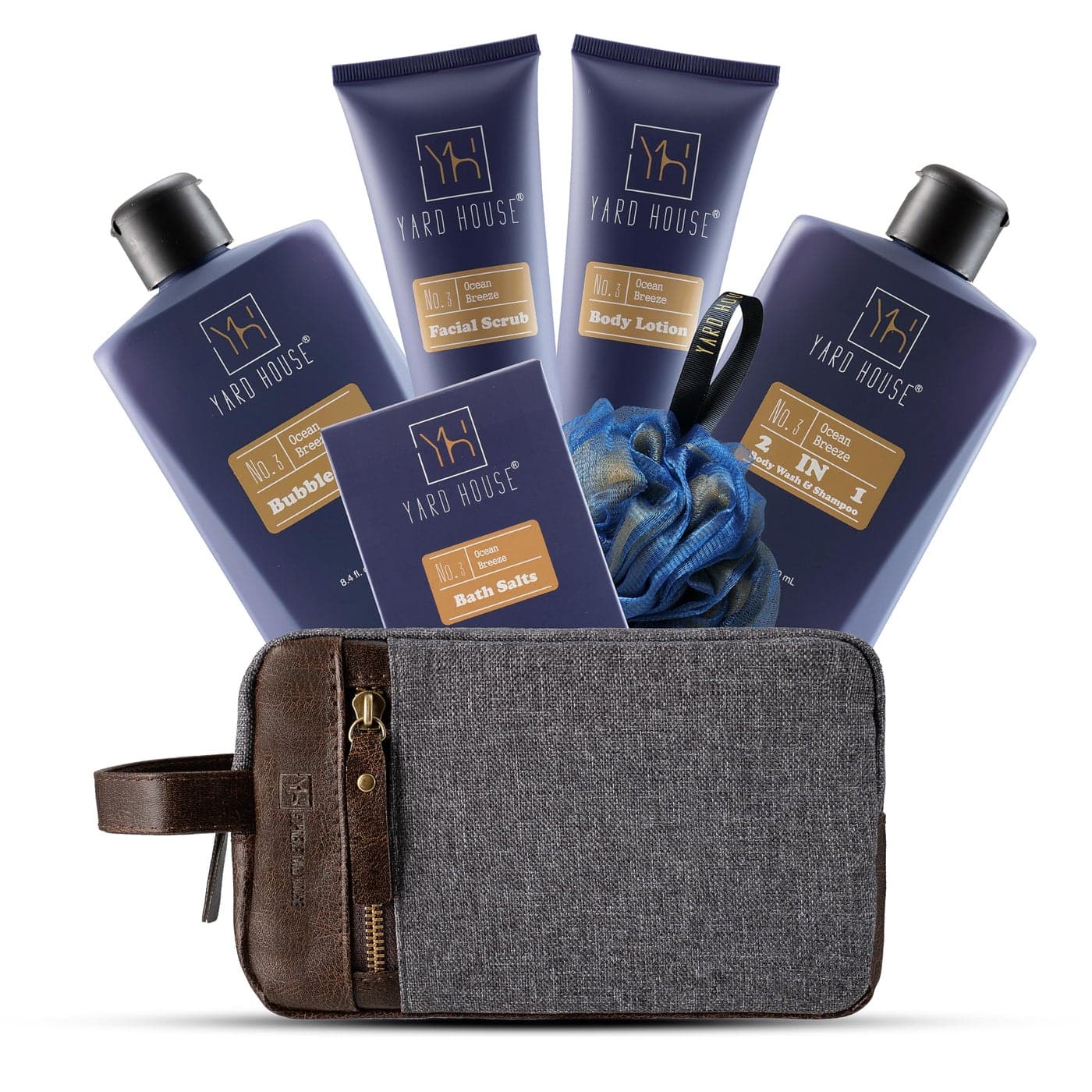 YARD HOUSE All Natural Bath and Body Spa Gift Basket Set for Men Ocean Breeze Luxury Mens Skin Care Kit For Him in Toiletry Bag for Relaxation Revitalization Exfoliating Cleansing