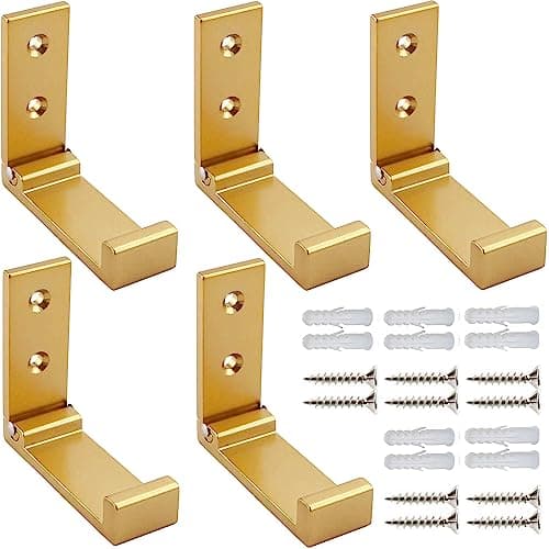 ZEYU Folding Coat Hooks, 5Pcs Wall Hooks for Hanging Coat Towel Hooks Hardware Heavy Duty Aluminum Alloy Headphone Holder Hooks No Rust Wall Mounted with Screws for Hat Bags Fitness Equipment Golden