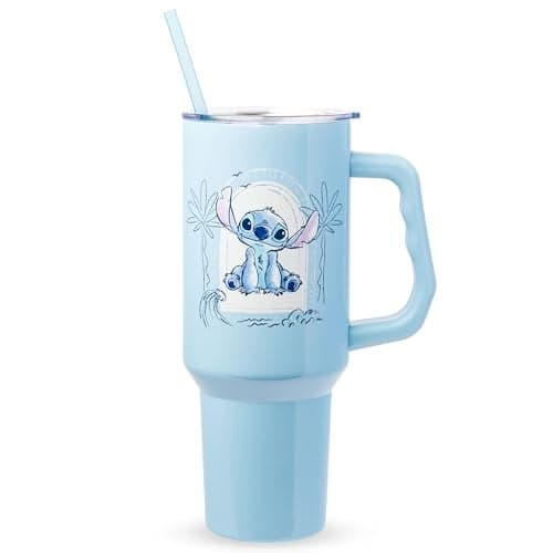 Silver Buffalo Disney Lilo and Stitch Minimalistic Design Ocean and Tropical Stainless Steel Tumbler with Handle and Straw, Fits in Standard Cup Holder, 40 Ounces