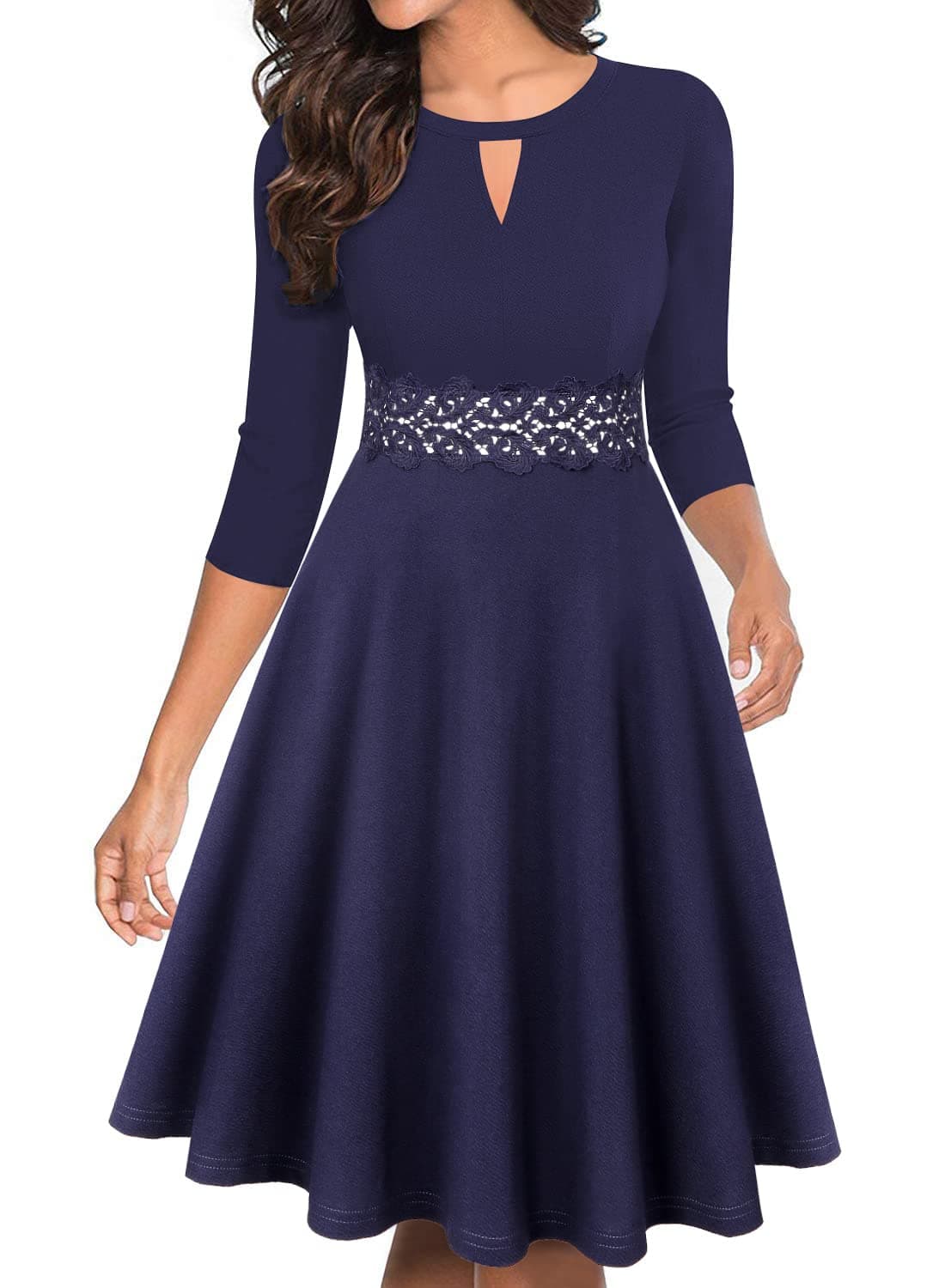 OWIN Women's Vintage Floral Flared A-Line Swing Casual Crew Neck 3/4 Sleeve Party Dresses Navy XL