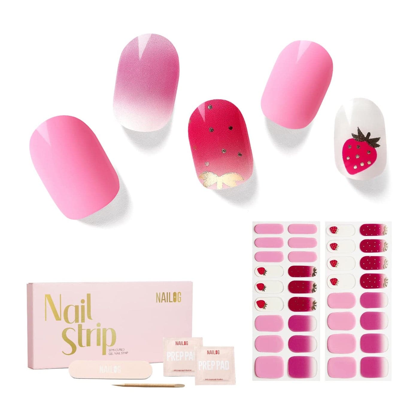 NAILOG Semi Cured Gel Nail Strips 34 pcs SalonQuality Gel Nail Stickers Long Lasting Nail Wraps for Women with Soft Gel Finish Strawberry Love