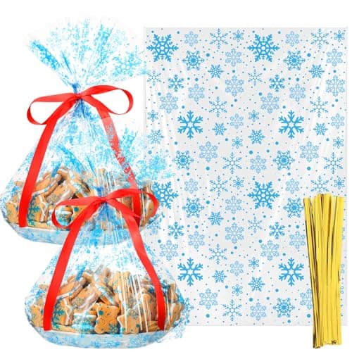 Meanplan 50 Pcs Winter Snowflakes Cellophane Cookie Tray Bags 15 x 17 Snowflake Cookie Tray Bags with Twist Ties and Red Ribbon Treats Gift Wrap for Winter Holiday Party Favors Supplies