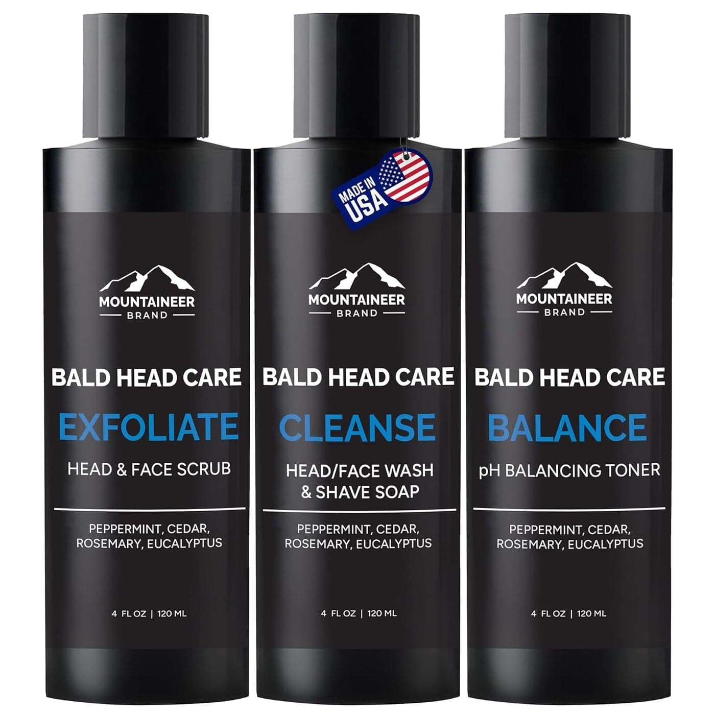 Mountaineer Brand Bald Head Care Gifts For Bald Men All Natural 3 Step Daily Skin Care for Healthy Scalp Face Exfoliate Scrub Cleanse Wash Shine Away PH Balance