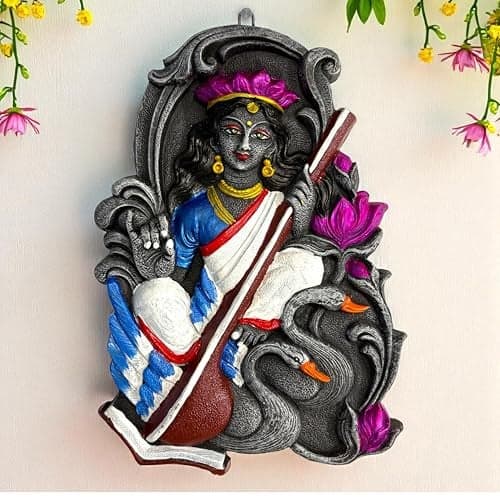Sajawa Saraswati Maa Murti-Terracotta-Clay-Idol-Devi MATA Murti-Figurine-Painting for Temple-Mandir-Home-Office Decoration-Gifting-Study Table-Spiritual Wall Hanging Decor (H:28|B:19 CM)