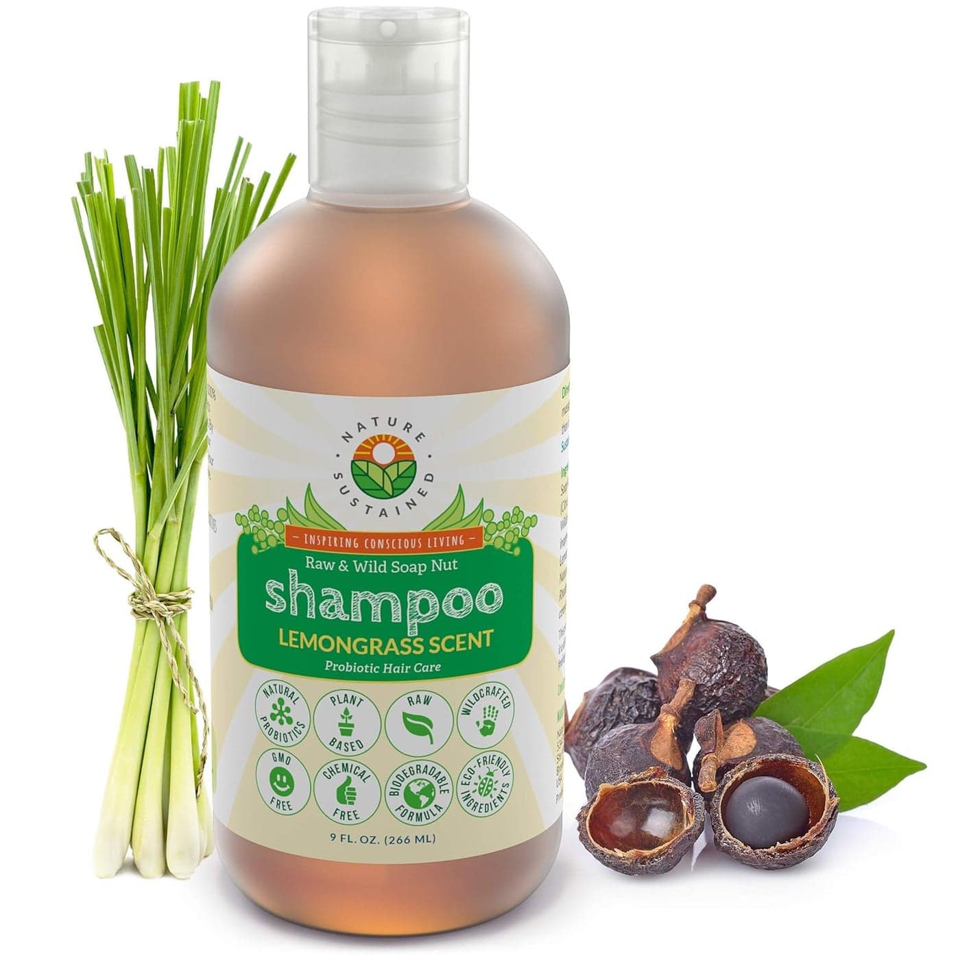 Organic Shampoo Raw Wildcrafted with Probiotics Hypoallergenic Natural Sulfate Free Shampoo for Sensitive Scalp Dry Hair Dandruff Eczema Psoriasis 9oz Lemongrass