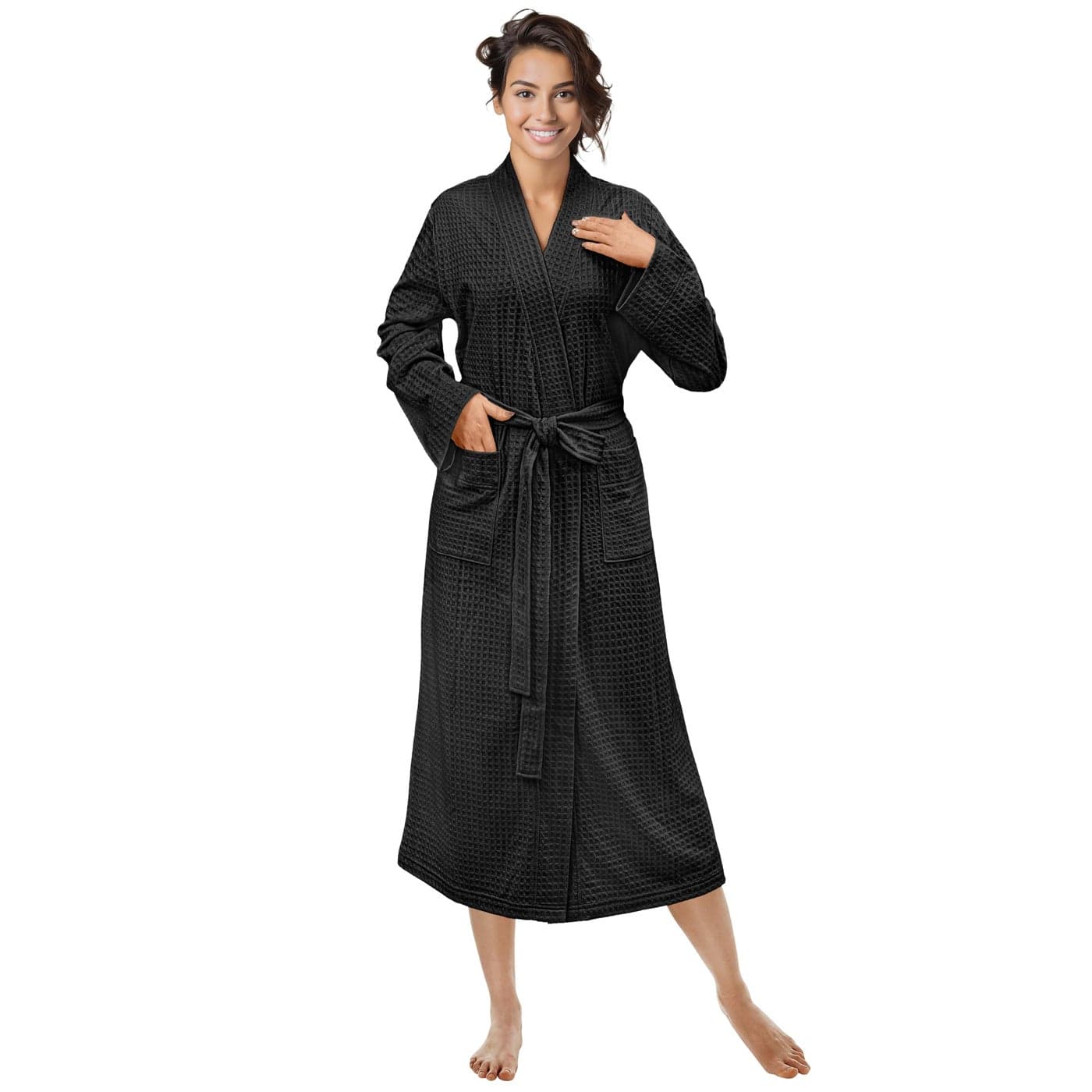 PAVILIA Black Women Waffle Knit Kimono Robe Soft Cozy Breathable Lightweight Bathrobe with Side Pockets Shower Spa House Long Robe for Women SM