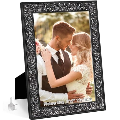 HIKWADERY 5x7 Picture Frame Glitter, Black Bling 5 by 7 Photo Frames with HD Real Glass, for Wall or Tabletop Display, Family Friends Wedding Mother's Day Gift (5 x 7, Black)