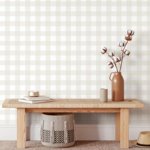 Cohoo Home 17.3inW 393inL Plaid Peel and Stick Wallpaper Boho Plaid Contact Paper for Cabinets Checkered Neutral Contact Paper Self Adhesive Removable Wallpaper for Bathroom Nursery Waterproof