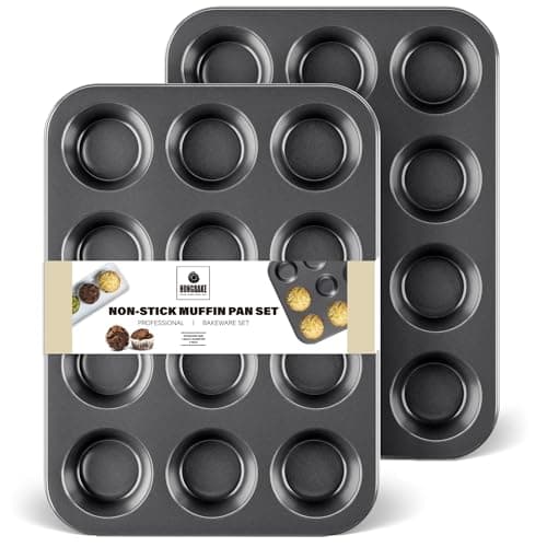 HONGBAKE Muffin Pan for Baking, Nonstick Cupcake Tin 12 Cup, 2 Pack Cup Cake Tray, Premium Cheesecake Pans, Dishwasher Safe - Dark Grey