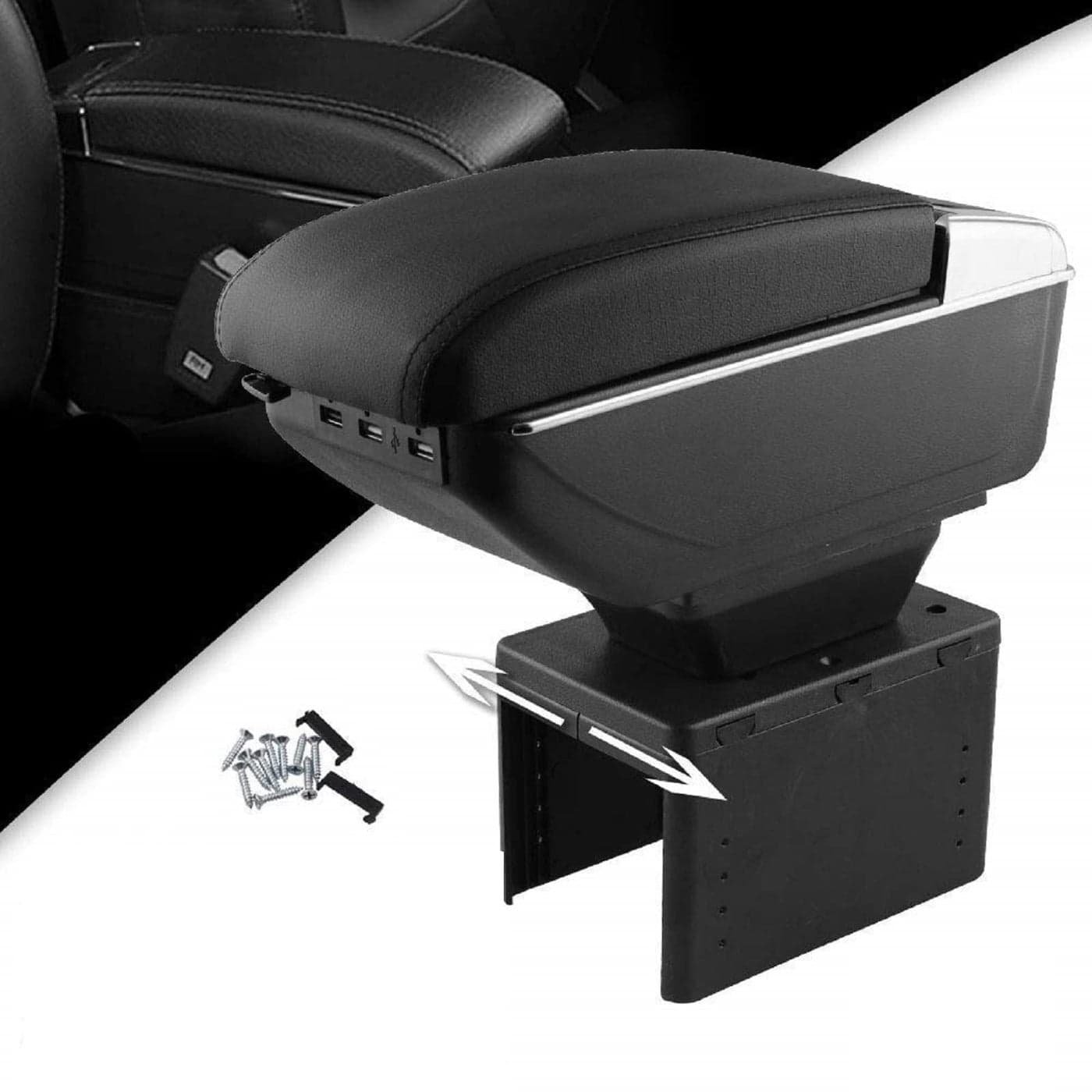 Tocsho Armrest Box Double Layer Front Center Console Black Leather with Charging 7 USB Ports for Universal Car