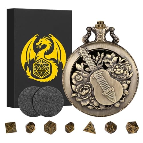Mini DND Dice Set Steampunk Hollow Bard Pocket Watch Shell Case 7pcs Tiny Polyhedral Metal DD Dice Set DND Gifts with Gift Box Role Playing Board Games Accessories Bronze