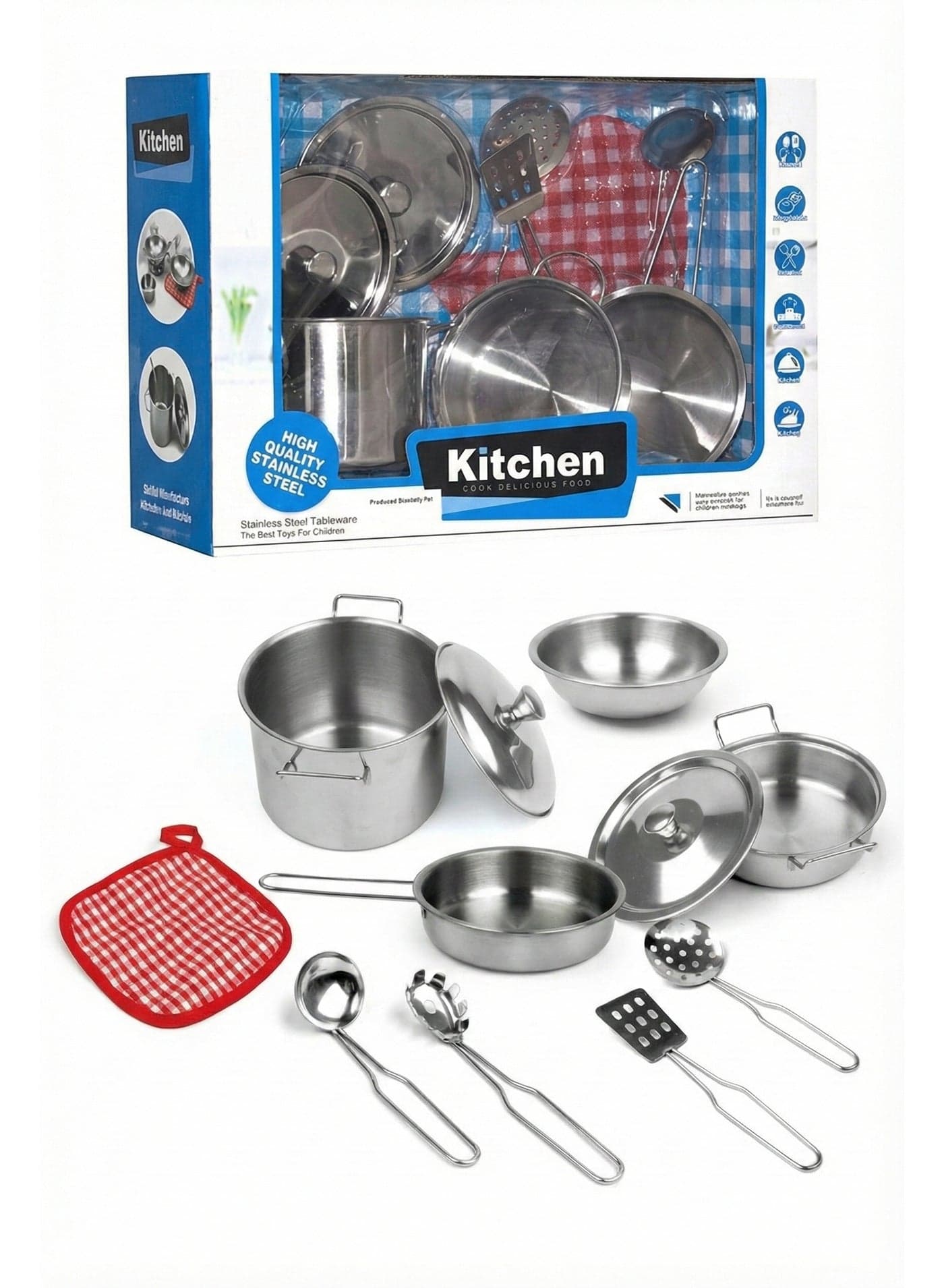Stainless Steel Kitchen Toy Set for Kids – 9 Piece Realistic Metal Pots and Pans Playset | Pretend Play Cooking Utensils & Cookware Kit with Pot Holder | Montessori Chef Role Play Gift for Toddlers Boys & Girls 3+