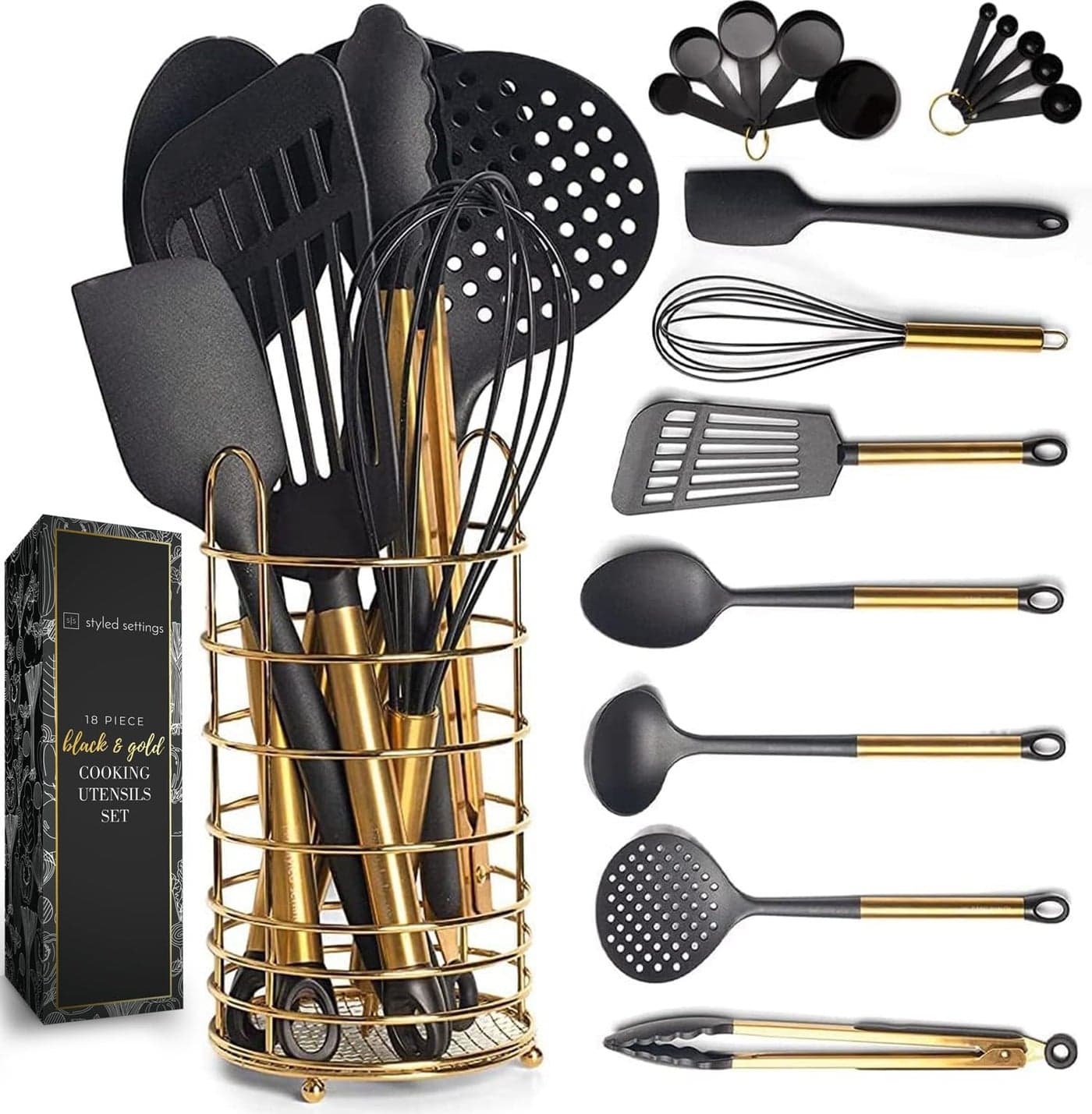 White Copper Kitchen Utensils 18 PC Set Includes Utensil Holder Measuring Cups Spoons Rose Gold Accessories