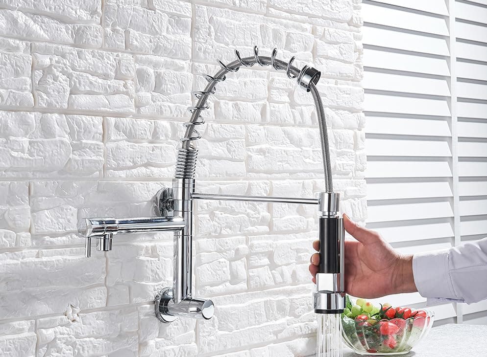 B Backline Brass Wall Mount Sink Tap with 2 Spout, Kitchen Sink Tap Pull-Out Sprayer Faucet Single Lever Kitchen Faucet-Kitchen Water Tap (Chrome)
