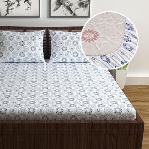 Divine Casa Blue and Grey Floral Pattern 144 TC 100% Cotton Elastic Fitted Printed Queen Size Double Bed Bedsheet with 2 Pillow Cover for Bedroom