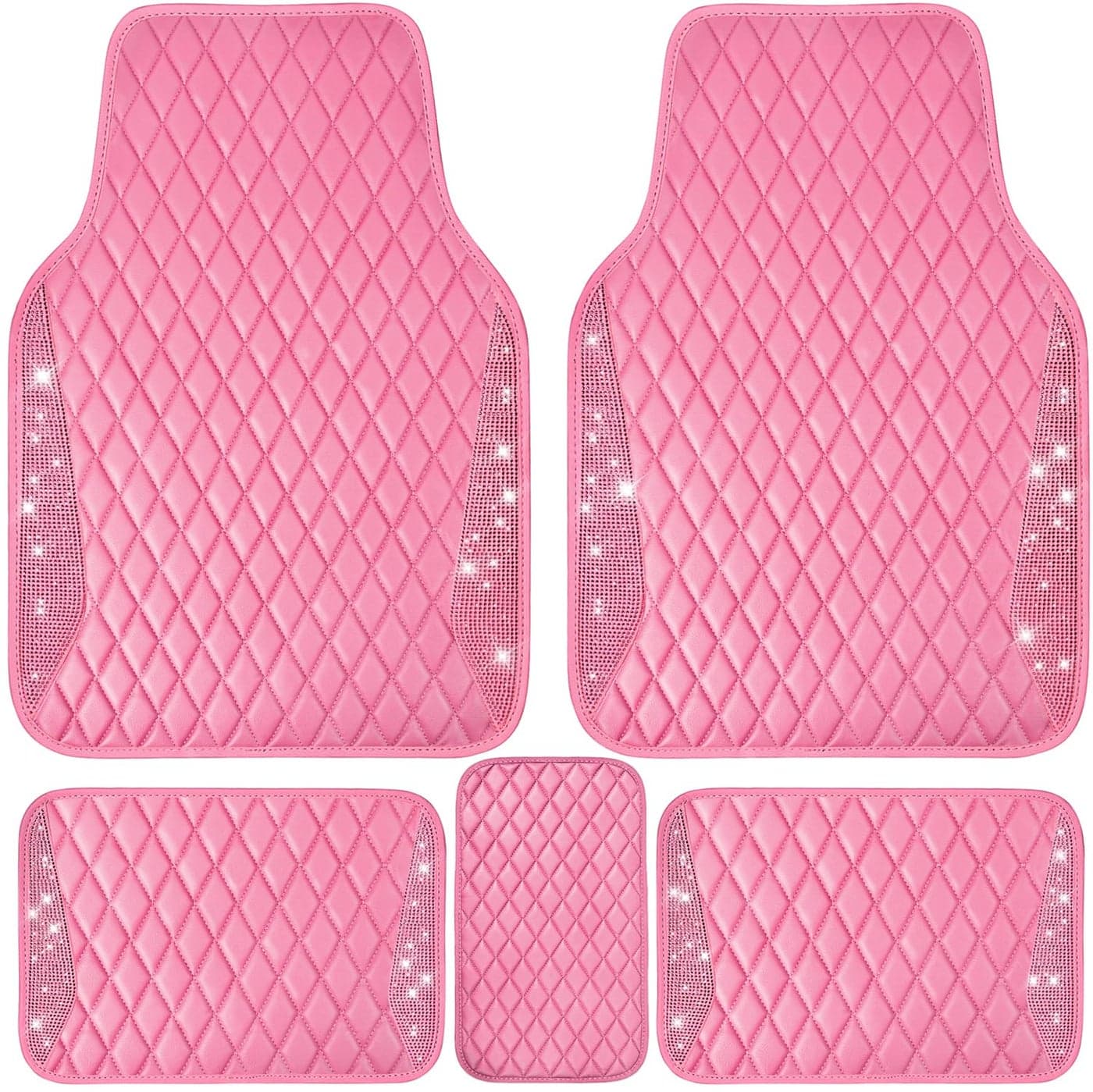 CAR PASS Bling Leather Car Mats Shining Diamond Floor Mats Crystal Rhinestones Sparkly Glitter Carpet AntiSlip Waterproof Pad Universal Fit for Automotive SUV Sedan Van 5pcs for Girl Women Pink