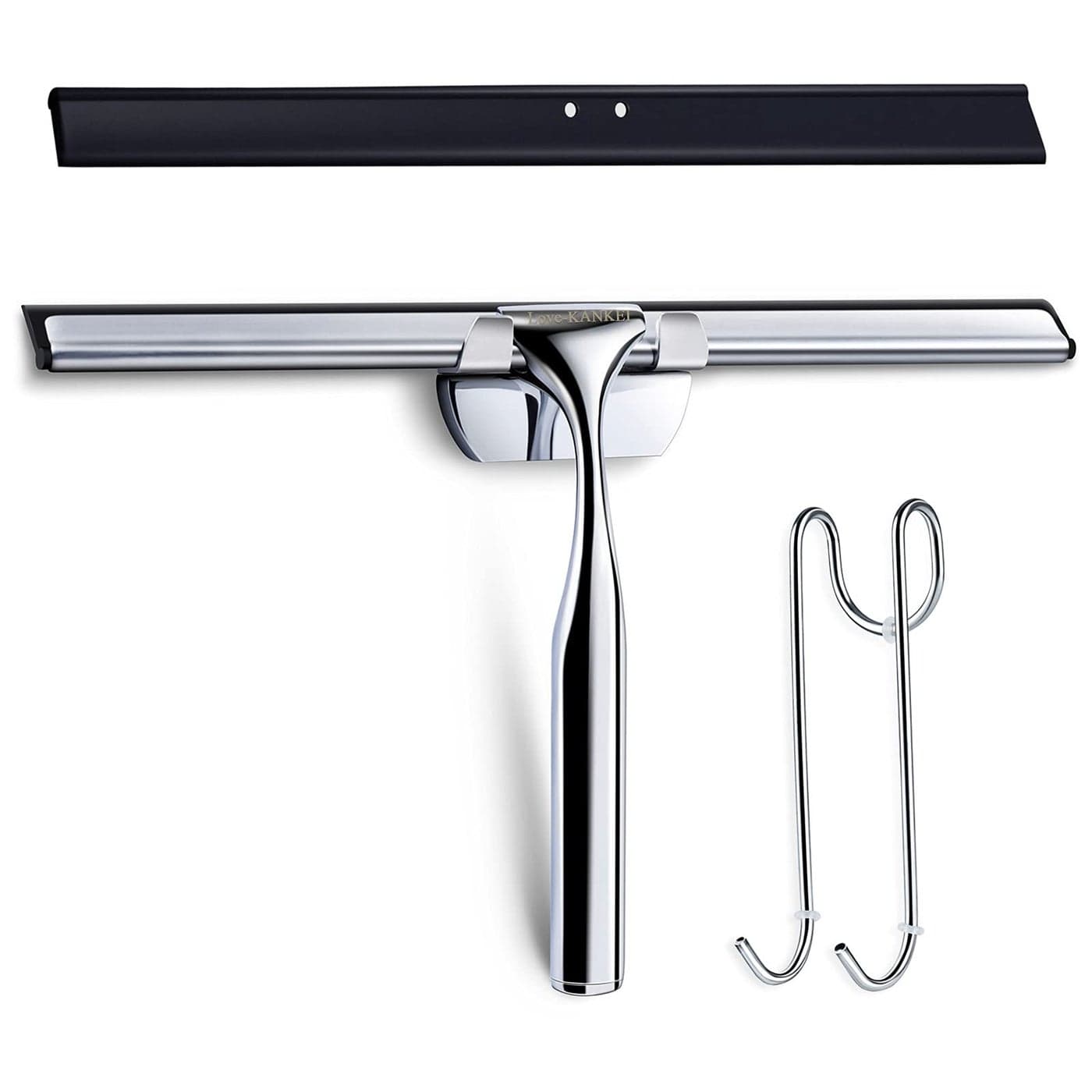 LoveKANKEI Shower Squeegee Stainless Steel Shower Wiper Shower Scraper with Replacement Rubber Blade and Hanging Hooks for Bathroom Window Car Mirror and more