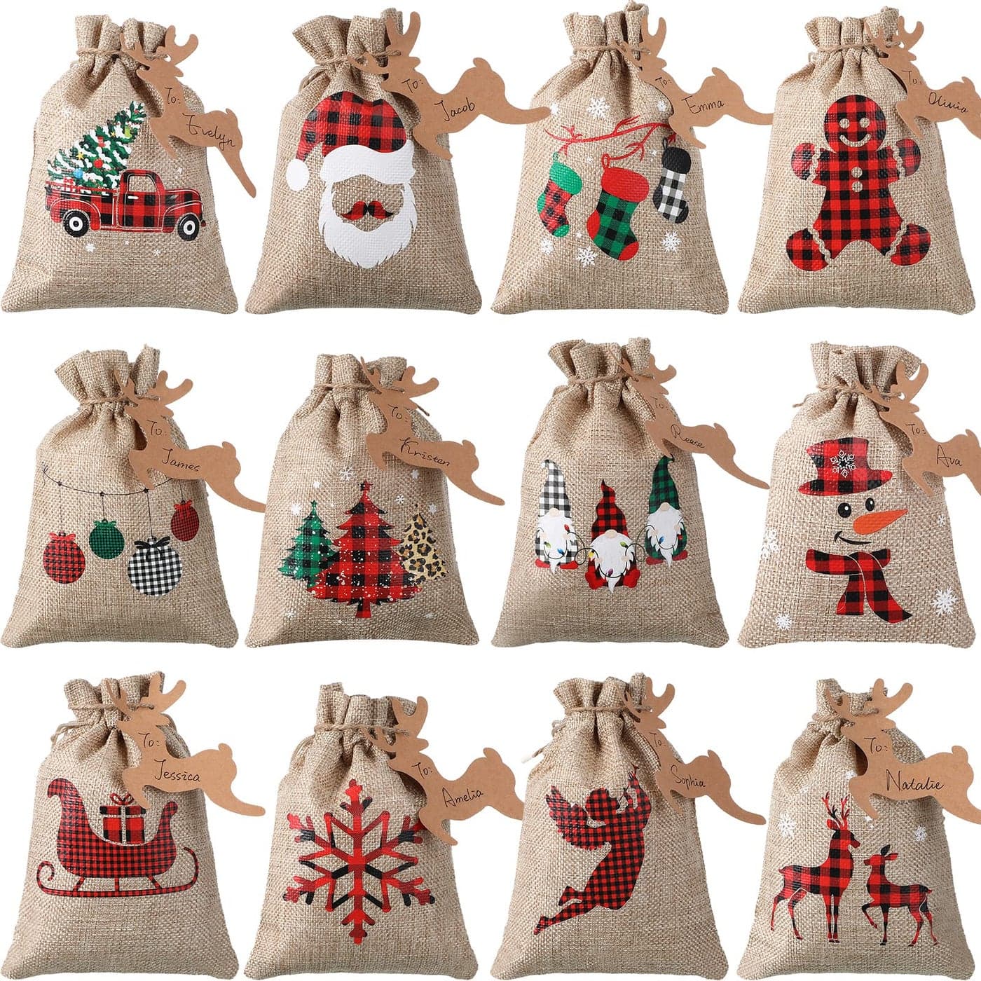 Shappy 24 Pcs Christmas Burlap Gift Bags Small Treat Goody Bags with Drawstrings for Christmas Featuring 12 Designs for Xmas and New Year Party Favors and SuppliesRustic Style7 x 5 Inch