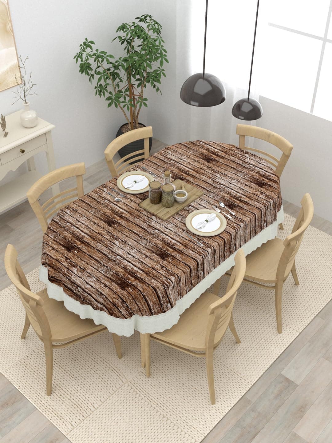 Clasiko 6 Seater Oval Dining Table Cover; 60x90 Inches or 152x228 Cms; Material - PVC; Anti Slip; Brown Geometric 69057