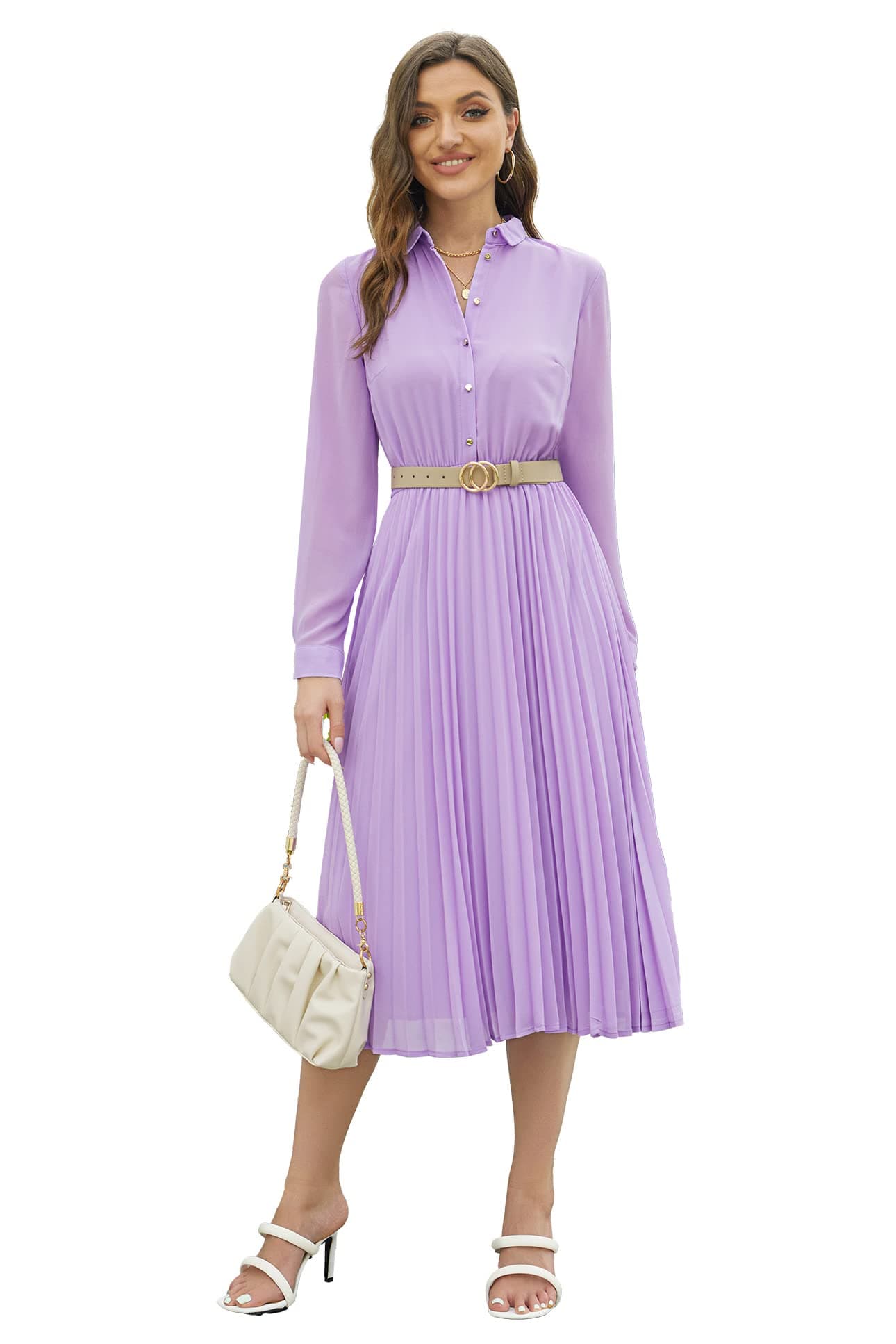 AbleTree Business Casual Shirt Dress for Women Long Sleeves Pleated Midi Dresses with Belt Lilac Purple