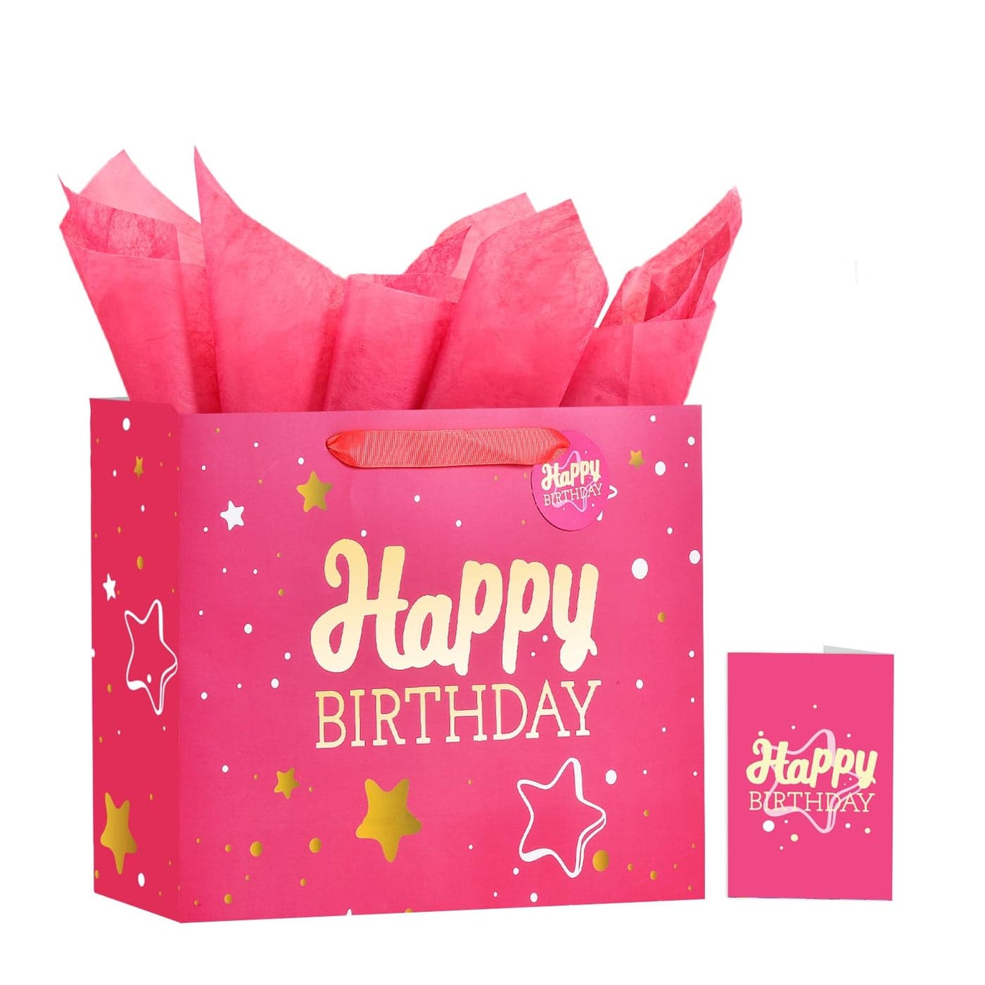 Powbrace 13 Pink Happy Birthday Gift Bag with Tissue Paper and Greeting Card for PartyHappy Birthday Gift Bag for Men WomenGift Bags Medium size1 PCS Pink Hot Stamping