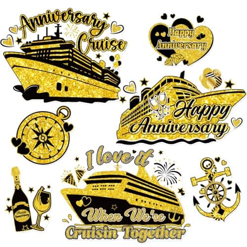Dazoratix Anniversary Cruise Door Decorations - 7 Pcs Gold Ship Cabin Magnetic Stickers Anchor Magnets Stateroom Accessories for Wedding Party Carnival Fridge Decals Refrigerator Magnet Decor