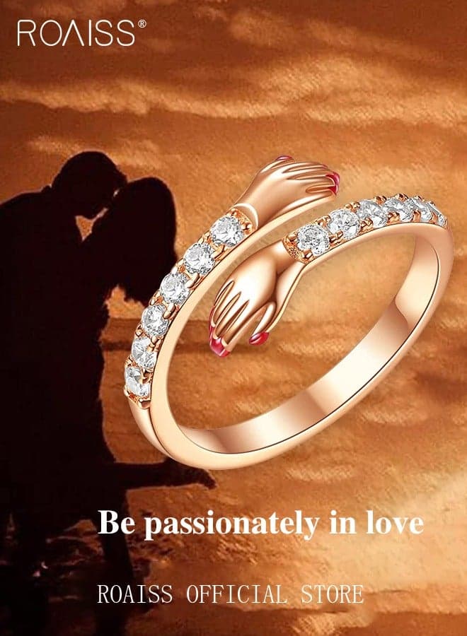 Women's Fashion Gold Ring, Embrace Design, Diamond-Studded Resin Ring, Adjustable Opening, Stylish Unique Jewelry for Anniversary, Holiday, Birthday Gifts, Rose Gold
