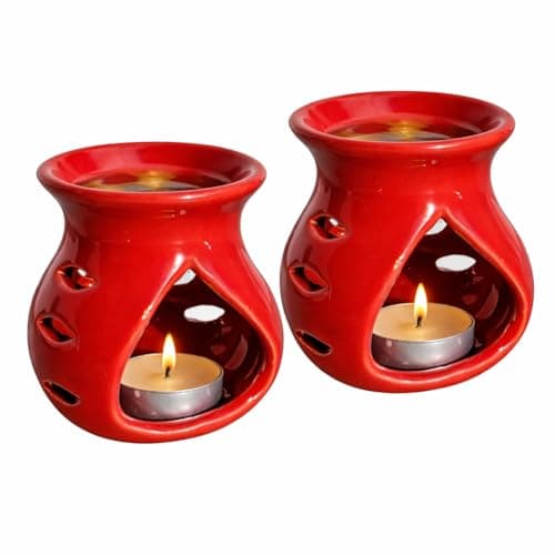 Pure Source India Ceramic Clay Oil Burner Aroma Diffuser (Red) -Set of 2