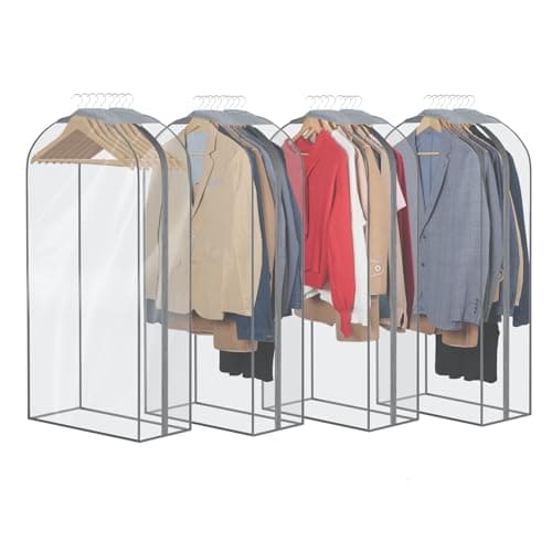 Zilink Breathable Garment Bags for Fur Coat 43” Suit Bags for Closet Storage Clear Leather Jacket Covers for Hanging Clothes with 10" Gussted Wrinkle Free for Leather Jacket, Fur Coat, Dress, Set of 4