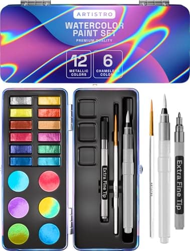 ARTISTRO 48 Metallic Color Watercolor Paint Set Portable Paint Art Kit with Palette and Brush Pens Travel Water Color Set for Adults Professionals Kids Art and Painting Supplies Gift Idea
