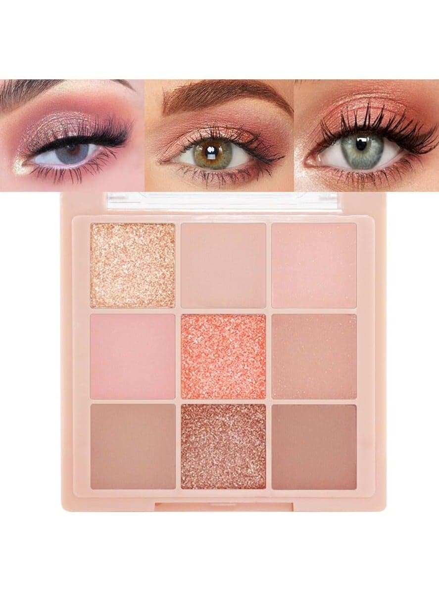 9Colors Nude Pink Gold Eyeshadow Makeup Palette,Matte Shimmer Korean Natural Neutral Hypoallergenic Eye Shadow Palettes Highly Pigmented Naturing-Looking Long Lasting Waterproof Blendable