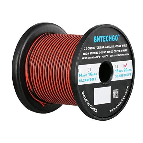 BNTECHGO 20 Gauge Flexible 2 Conductor Parallel Silicone Wire Spool Red Black High Resistant 200 deg C 600V for Single Color LED Strip Extension Cable CordModel100ft Stranded Tinned Copper Wire