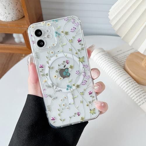 RALEAVO for iPhone 12 Case Compatible with MagSafe Clear Floral Cover with Flower Branch Pattern for Girls Women Slim Cute Hard Back Shockproof Phone Case for iPhone 12Transparent