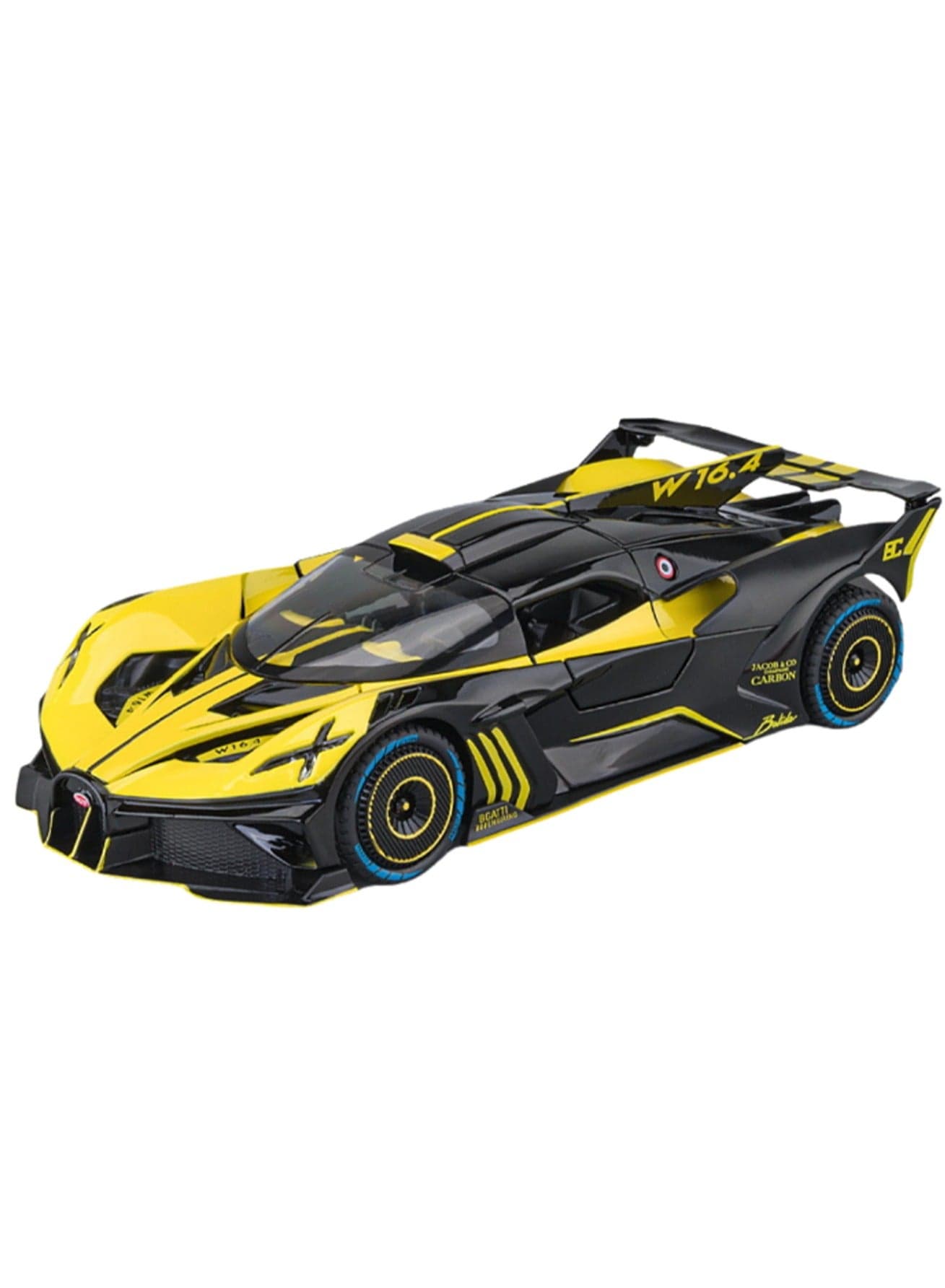 1/24 Scale Bugatti Alloy Toy Car, Sound and Light Pull Back Collection 4 Doors Opend Toy Vehicles for Kids Gift (Yellow)