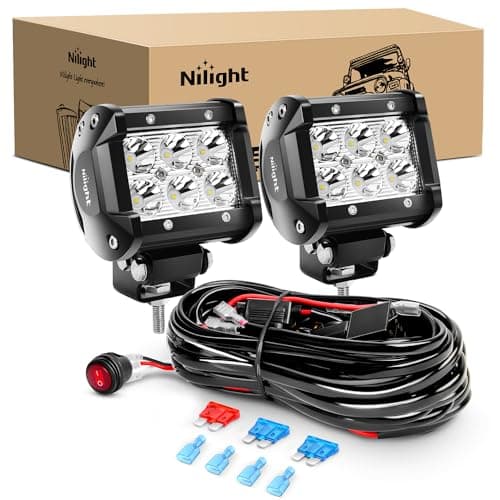 Nilight Led Pods 2PCS 4 Inch 18W Spot LED Light Bar Off Road Lights Driving Fog Lights with 16AWG Wiring Harness Kit-2 Leads for Van Camper Car Pickup Golf Cart ATV UTV SUV Truck Boat 4x4