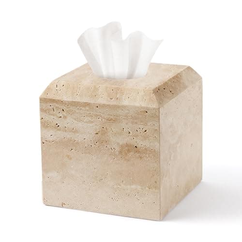 WORHE Tissue Box Cover Italy Natural Travertine Stone Heavy Duty Square Facial Toilet Paper Holder for Bathroom Living Room Bedroom Dresser Kitchen Minimalistic Office Home Decor Beige (TBC145WT)