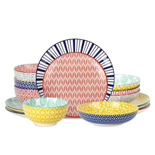 Selamica Ceramic Dinnerware Sets, 16 Pieces Dishes Set for 4, Scratch Resistant Plates and Bowls Sets, Dishwasher & Microwave Safe, Assorted Colors