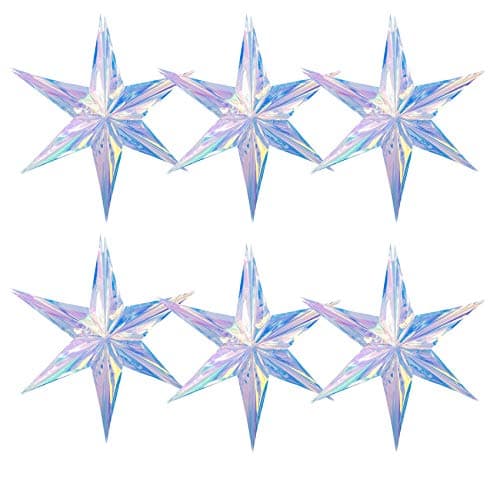 6 Pack 15.74 Inch Iridescent Ornament Star Hanging Decorations Hexagon Star Clear Foil Decorative Folding Rainbow Shine Party Ornaments for Bridal Shower Wedding Birthday Frozen Theme Decoration
