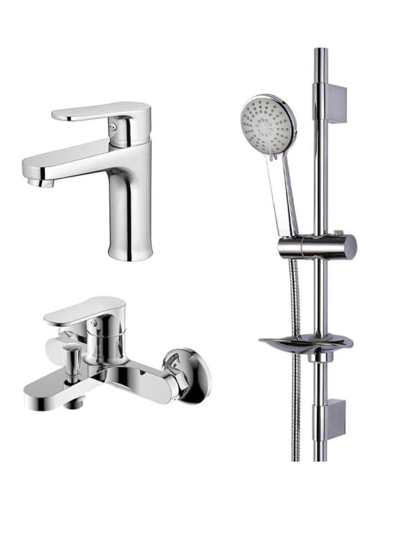 Fira Collection Basin & Shower Mixerw/Shower Kit (3Pcs) | Brass Body Complete Set | Shower Kit Set For Bathroom Toilet Washroom - Chrome