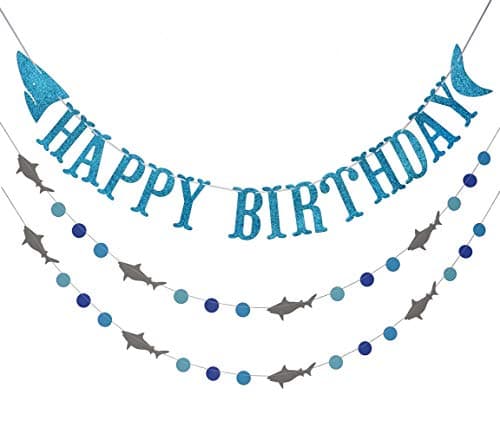 Shark Happy Birthday Banner and Shark Garlands, Ocean Beach Under The Sea Theme Party, Shark Party Supplies (Blue)