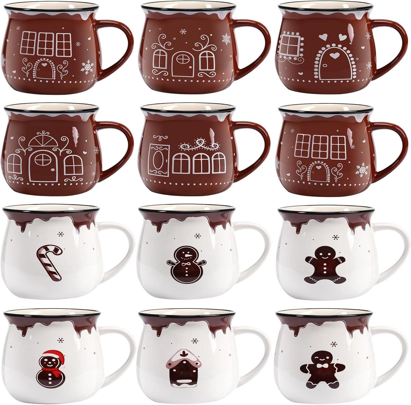 Uiifan 12 Pieces Christmas Gingerbread Mugs Set 12 oz Coffee Ceramic Cup for Holiday Hot Cocoa Milk Tea Coffee Bar Decoration Christmas Gift for Woman Family Friend