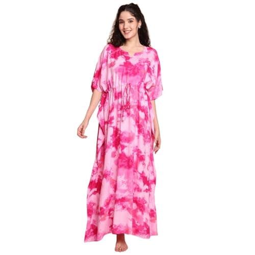 Secret Wish Pink Tye & Dye Print Rayon Kaftan/Free Size/Printed/Drawstring/Nightdress/Nightwear/Full Length