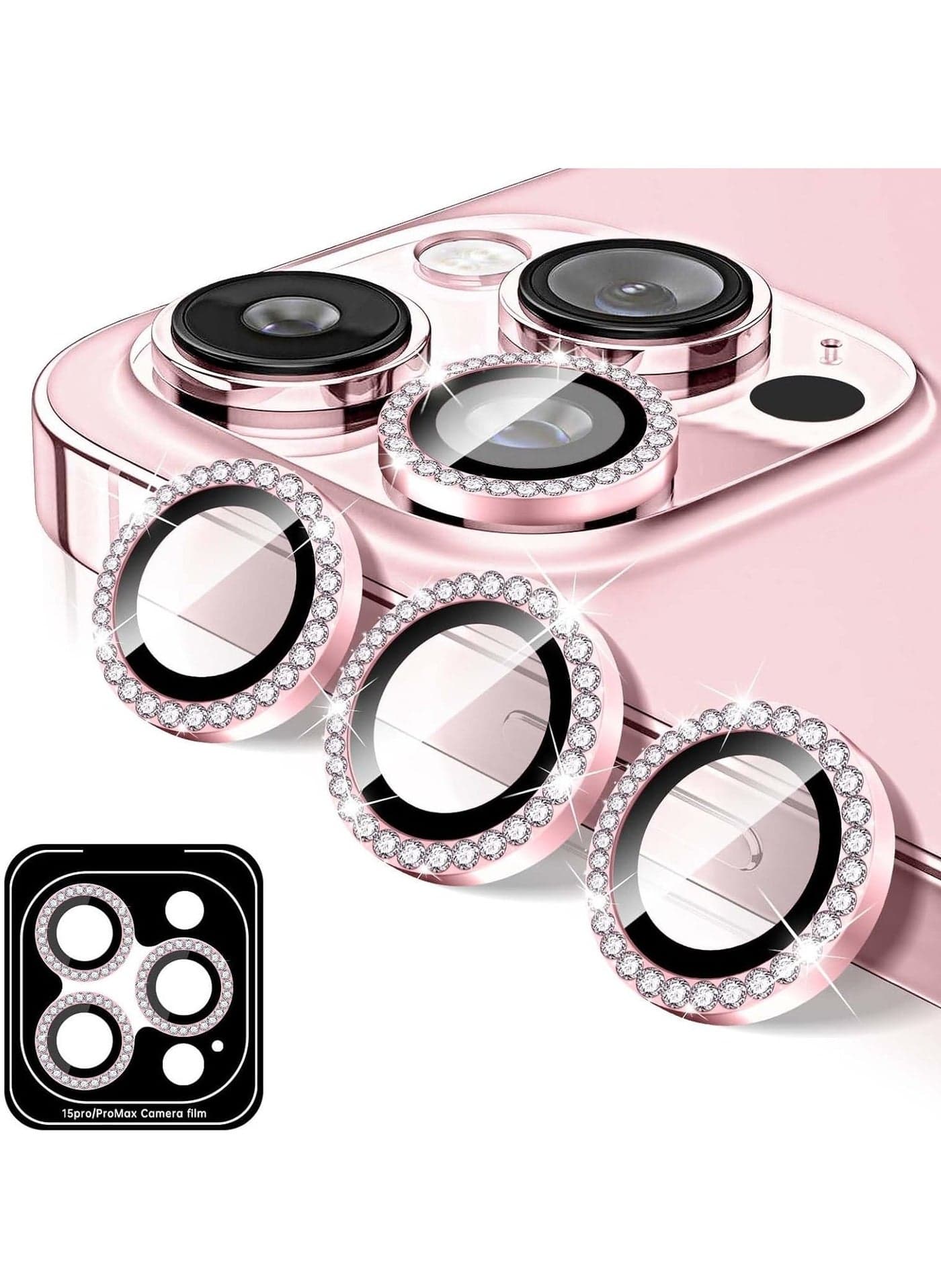"Pink Diamond Camera Lens Protector for iPhone 16 Pro/16 Pro Max – Bling Tempered Glass Cover with Automatic Alignment Metal Rings and Glitter Film Stickers"