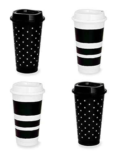 Kate Spade New York Black/White Reusable Travel Tumbler Set of 4, 16 Ounce BPA-Free Plastic Cups with Lids, Coffee Mugs for Hot or Cold Drinks, Dots and Stripes