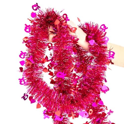 33FT Valentines Tinsel Garland, Red Pink Metallic Twist Foil Tinsel Garland with Heart Ornament Hanging Heart Garland for Valentines Wedding Birthday Party Indoor Outdoor Decoration