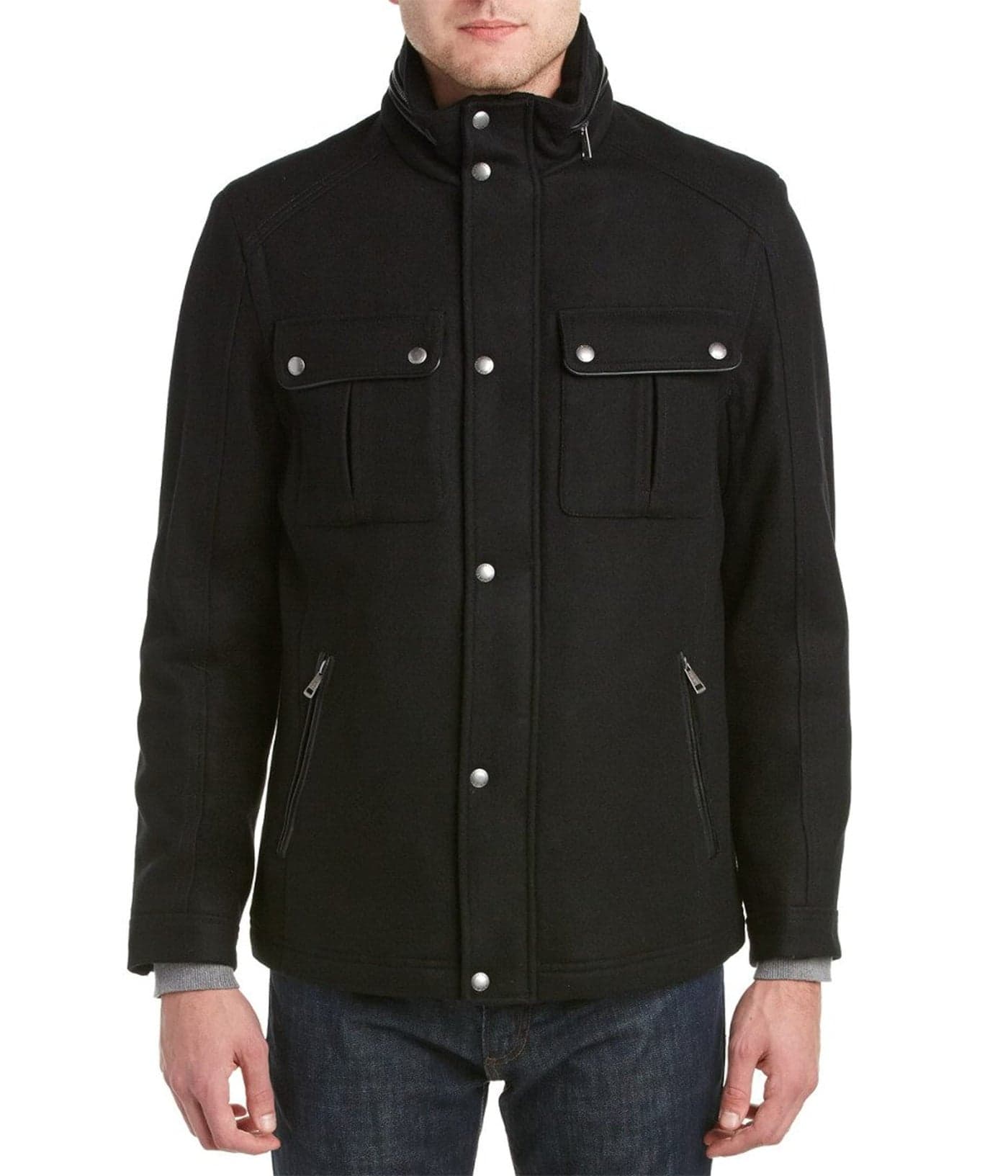 Cole Haan Mens Melton Stand Collar Jacket With Patch Pockets Wool-outerwear-coats, Black, Large US